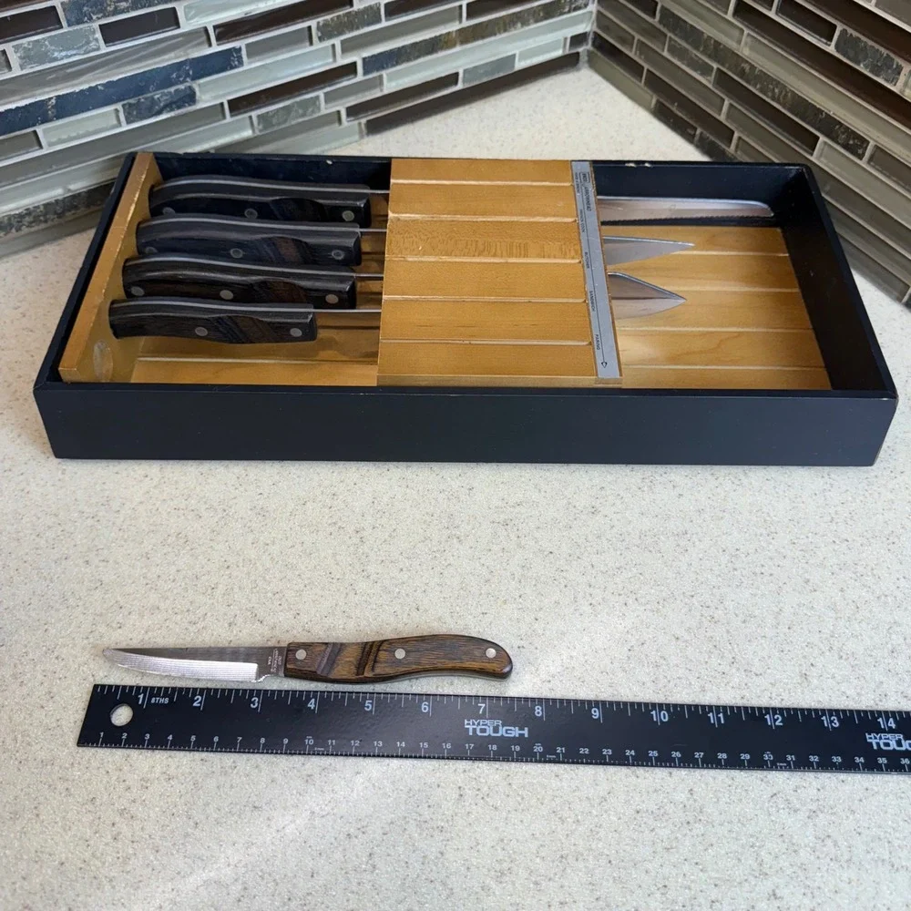 Vintage 1960s Ekco Arrowhead Knife Set 5 Piece Wood Handle USA Maple Wall Holder